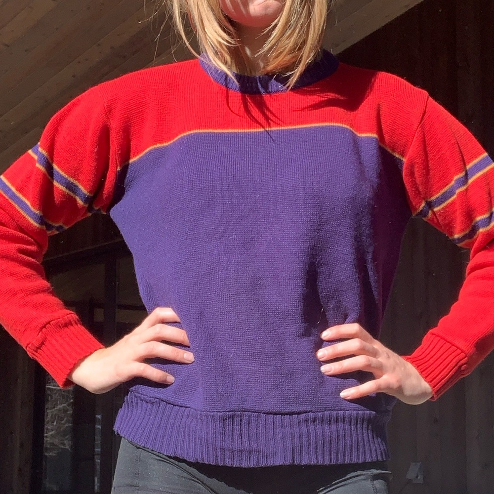 Vintage 70s retro blue and red knit crewneck ski sweater.